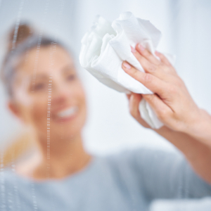Picture of yound woman cleaning mirror window